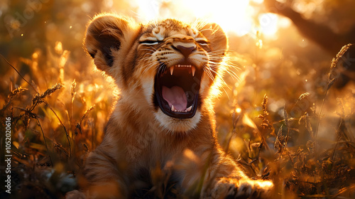 Lion Cub Yawning in Golden ...