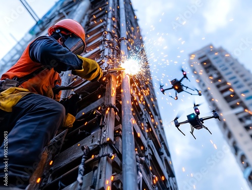 Construction worker welding at height on skyscraper with flying drones capturing the scene, showcasing modern engineering technology.