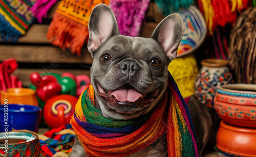 French Bulldog in Colorful Mexican Setting: A cheerful French Bulldog wearing a vibrant scarf, set against a colorful Mexican-themed background. photo