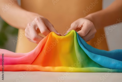 Close-up of a fashion designer experimenting with fabric dyes, creating vibrant color swatches, Fabric dyeing in fashion, Creative color experimentation photo