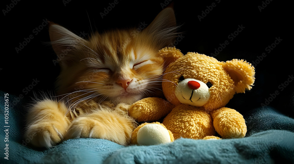 Fototapeta premium Orange Kitten and Teddy Bear Sleeping on Blue Blanket - Photo