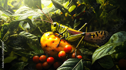 Vibrant Scene of a Painted Grasshopper (Poekilocerus pictus) Resting on Brightly Colored Fruit Surrounded by Lush Foliage photo