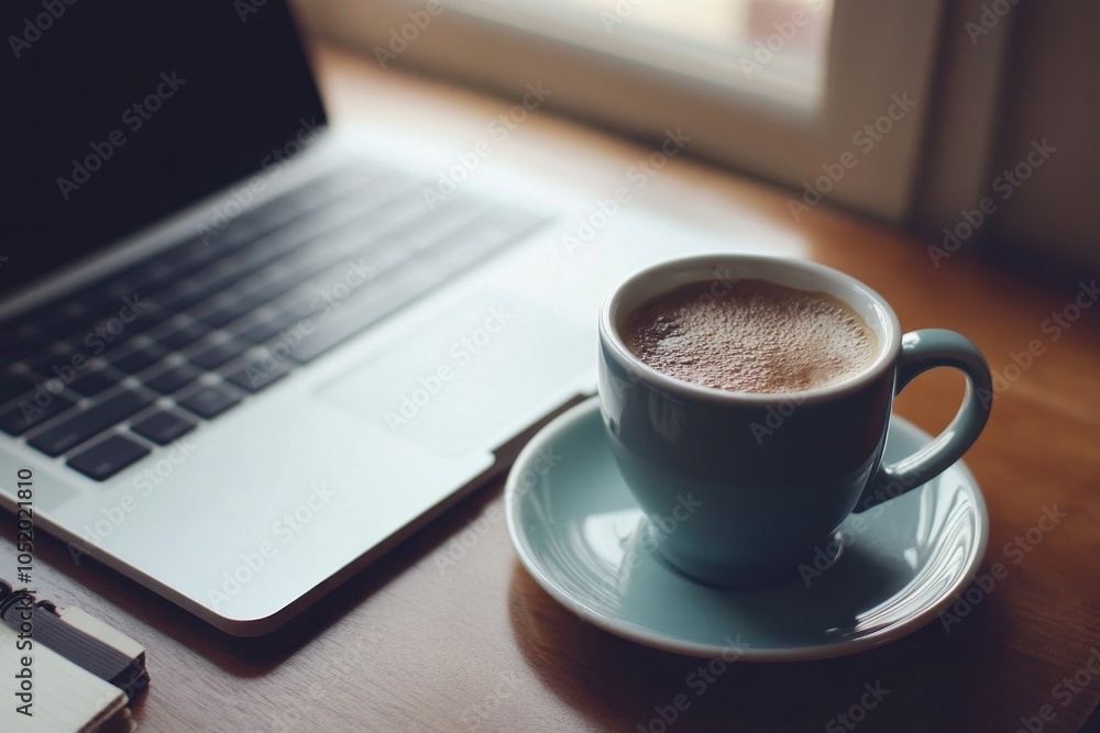 Rustic home office setup with a laptop, lamp, and coffee, overlooking a peaceful snowy forest through large wooden-framed windows Rustic home office setup with a laptop, lamp, and coffee, overlooking a peaceful snowy forest through large wooden-framed windows