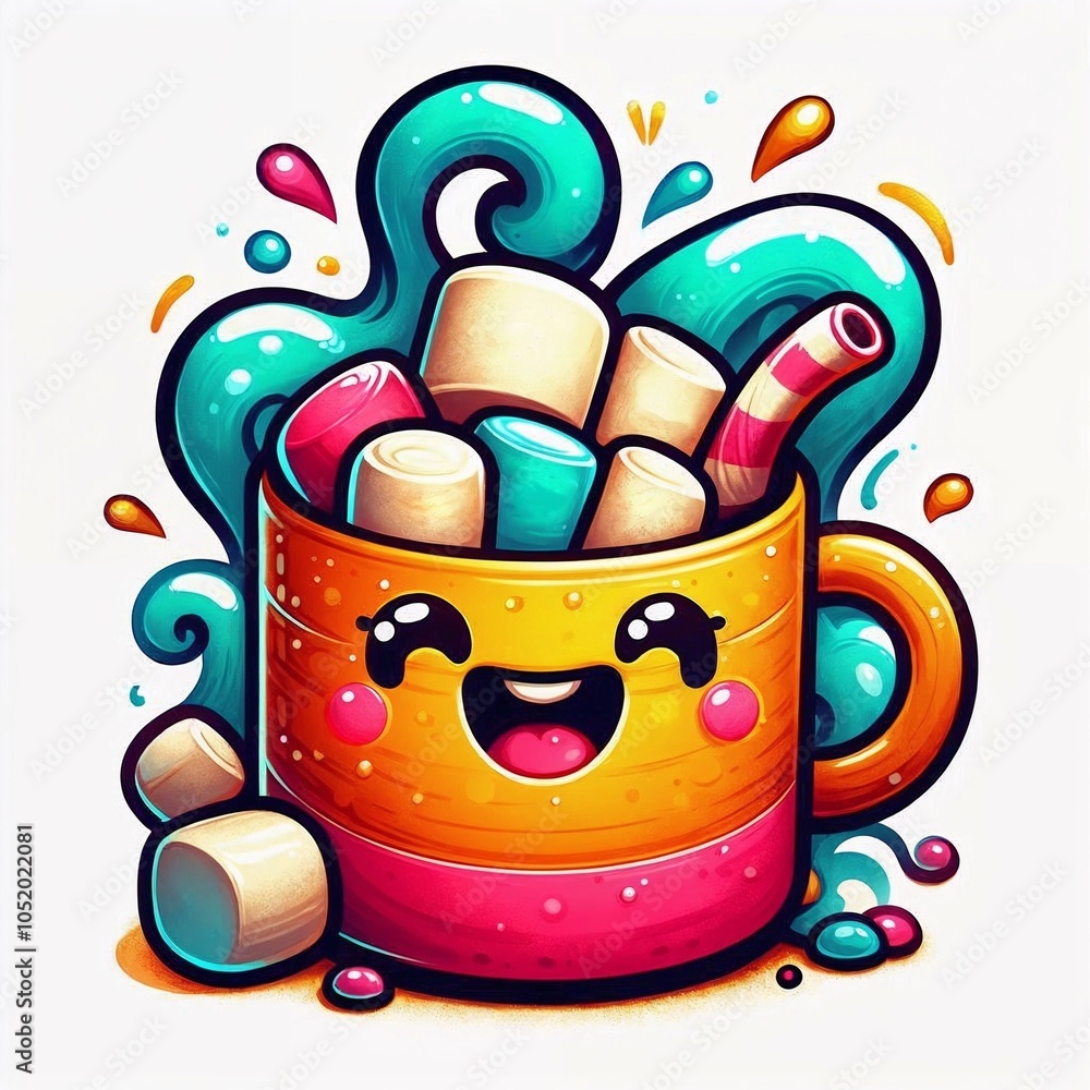 Naklejka premium Hot Chocolate Cup with Marshmallows in Vibrant Colors