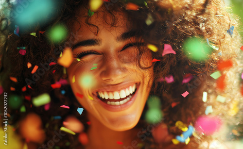 Woman Laughing in Colorful Confetti: A joyful woman with a big smile surrounded by vibrant confetti, celebrating with pure happiness. photo