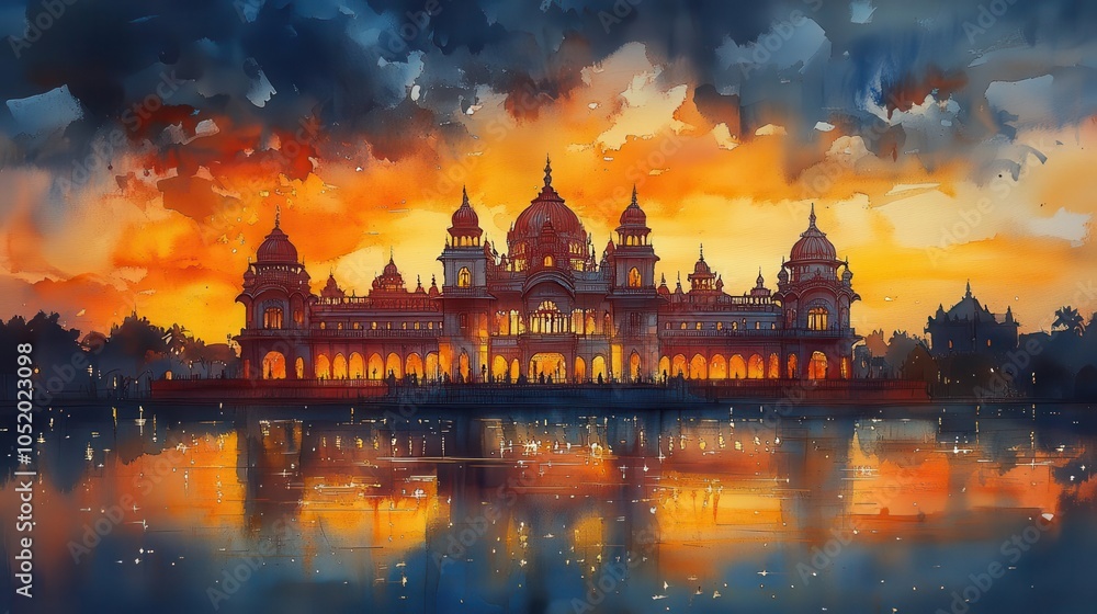 Obraz premium charming watercolor depiction of the mysore palace silhouetted against a vibrant sunset, embodying the cultural significance and beauty of the mysore dasara festival, rich in tradition and color