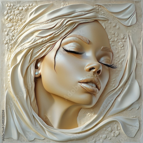 3D bas-relief of a girl, close-up portrait in vanilla and beige tones. Decor of exhibition and presentation interiors for advertising products for women, template for greeting, romantic cards, invitat photo