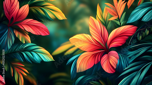 Tropical Leaves Illustration - Green, Red, and Yellow