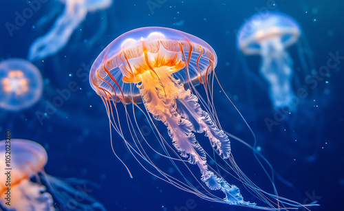 Colorful Jellyfish Underwater: A vibrant display of glowing jellyfish in various colors swimming gracefully underwater. photo