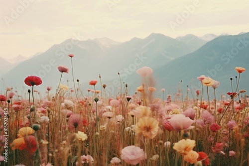 Flowers meadow with mountains in the background landscape grassland outdoors. photo