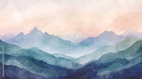 Serene watercolor mountains, a breathtaking landscape painting for wall art and home decor