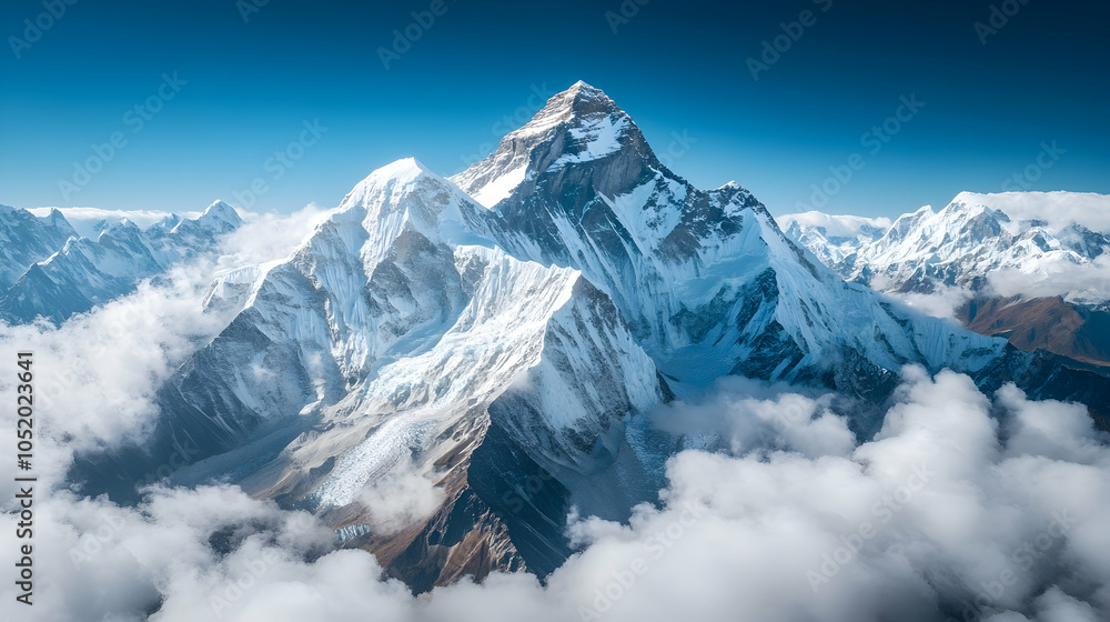 Obraz premium Majestic snow-capped mountain peak rising above clouds under a bright blue sky.