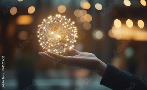 Hand Holding Glowing Network Sphere: A hand holds a glowing, spherical network structure, symbolizing connection, innovation, and digital technology. photo