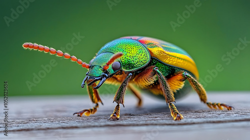 Captivating Macro Photography of a Christmas Beetle (Anoplognathus spp.) Exploring a Wooden Surface, Highlighting Its Textured Exoskeleton photo