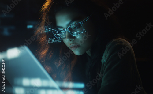 Woman Coding on Laptop with Data Streams: A focused woman coding on a laptop, with colorful digital data streams flowing across the screen. photo