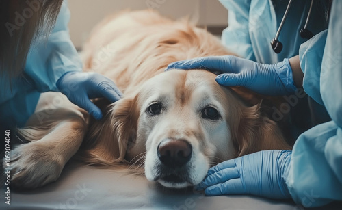 Dog Comforted by Veterinarians: A golden retriever at a veterinary clinic, gently comforted by gloved veterinarians. photo