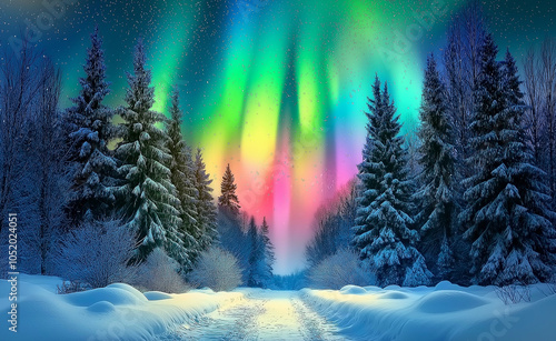 Aurora Borealis Over Snowy Forest Path: Stunning northern lights in vibrant colors illuminate a snow-covered forest path at night. photo