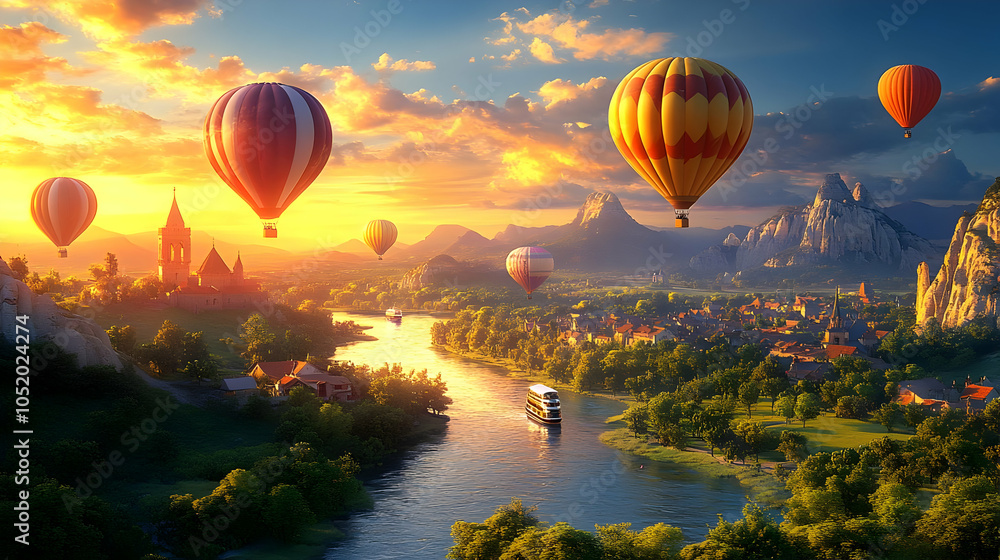 Fototapeta premium Hot Air Balloons Over a River and Town - Digital Illustration