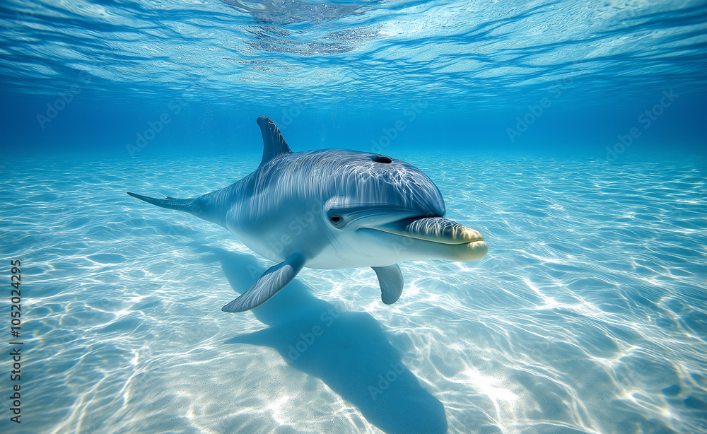 Fototapeta premium Dolphin Swimming Underwater: A dolphin gracefully swims through clear, sunlit ocean water, showcasing its natural beauty.