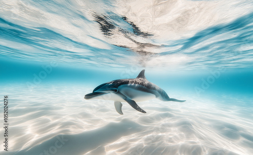 Dolphin Swimming Underwater: A dolphin gracefully swims through clear, sunlit ocean water, showcasing its natural beauty. photo