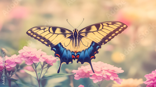 Detailed Close-Up of the Stunning Common Yellow Swallowtail Butterfly and Its Brightly Colored Wings photo