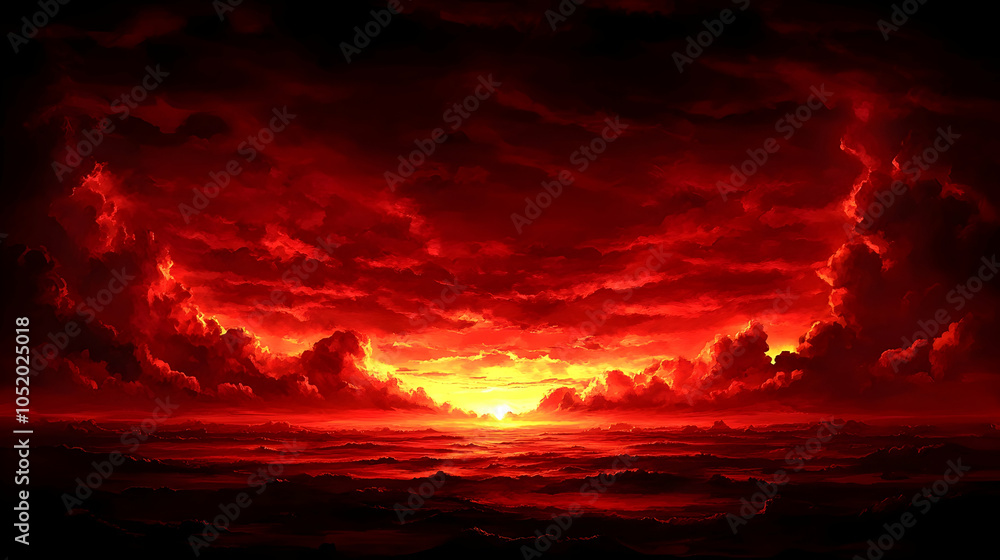 Fototapeta premium Dramatic Red Sunset Over Ocean, clouds, red sky, dramatic sky, fiery sky, golden light