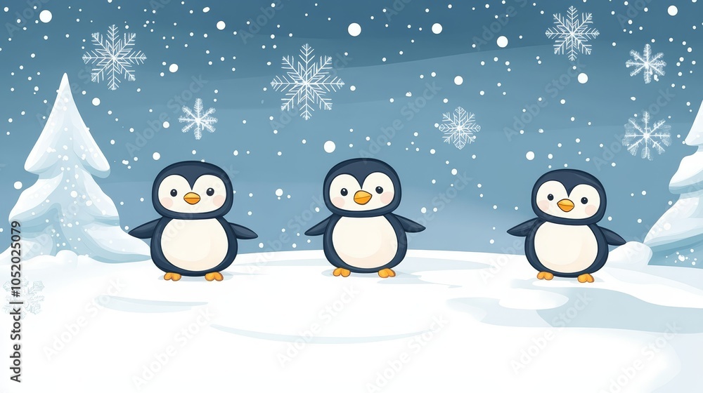 Fototapeta premium Three penguins embrace the chill, a captivating scene of wildlife in winter wonderland