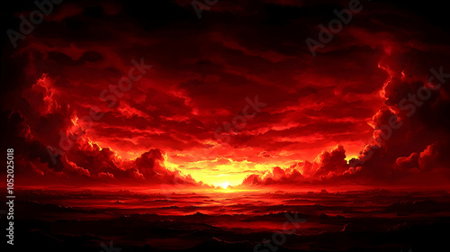 Dramatic Red Sunset Over Ocean, clouds, red sky, dramatic sky, fiery sky, golden light