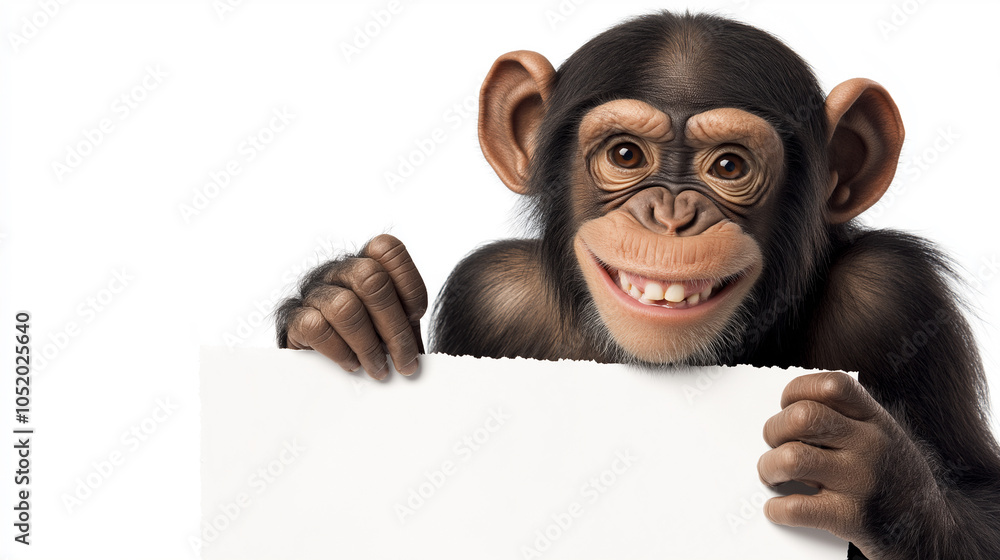 Chimpanzee Holding Blank Sign: A smiling chimpanzee holding a blank sign against a white background, ready for text or message insertion. Chimpanzee Holding Blank Sign: A smiling chimpanzee holding a blank sign against a white background, ready for text or message insertion.
