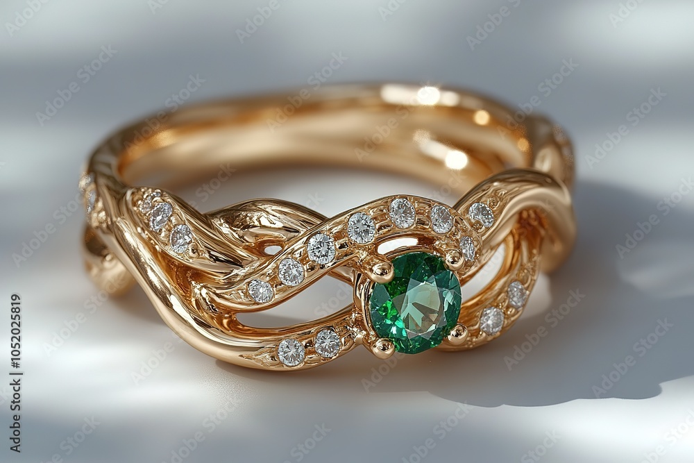 A stunning gold ring with a green gemstone centerpiece and sparkling diamonds. A stunning gold ring with a green gemstone centerpiece and sparkling diamonds.