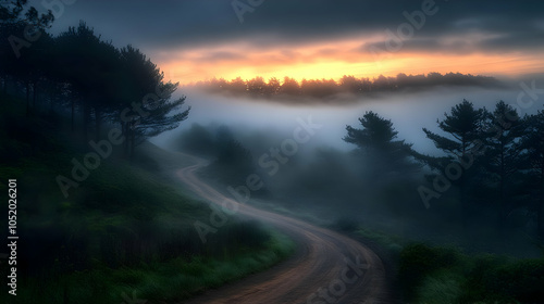 Misty Mountain Road at Sunrise - Realistic Image