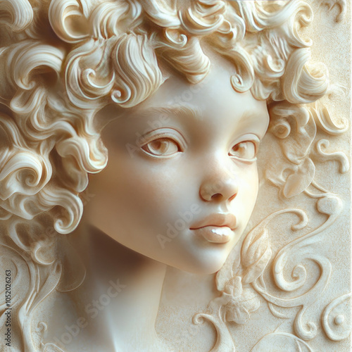 3D bas-relief of a girl, close-up portrait in vanilla and beige tones. Decor of exhibition and presentation interiors for advertising products for women, template for greeting, romantic cards, invitat photo