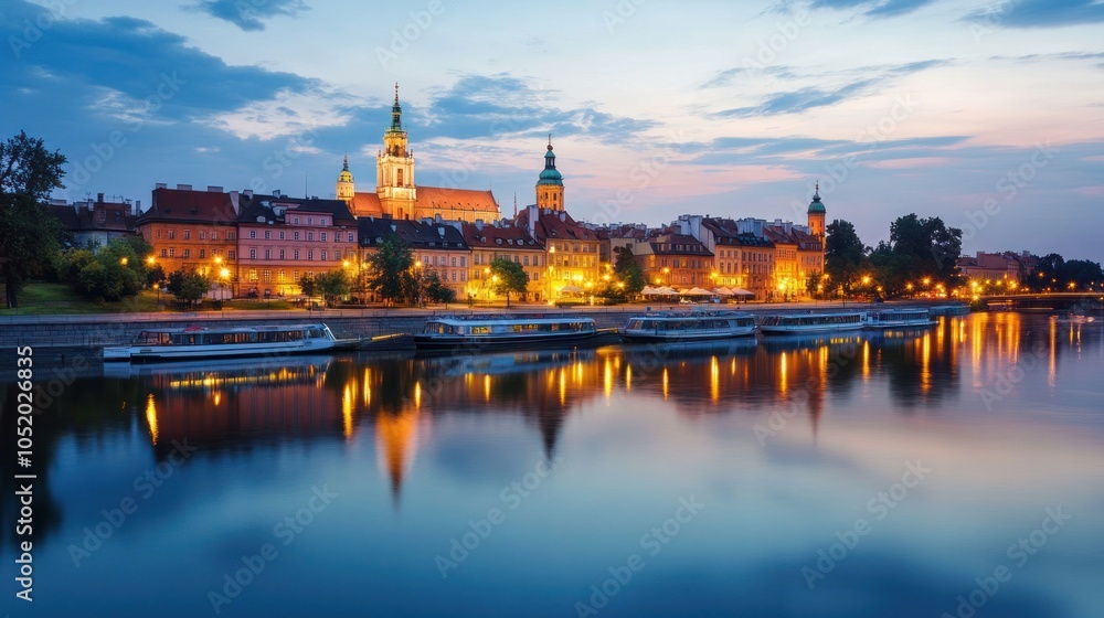 Fototapeta premium Poland's stunning nighttime cityscape of Warsaw, featuring the Palace of Culture. 