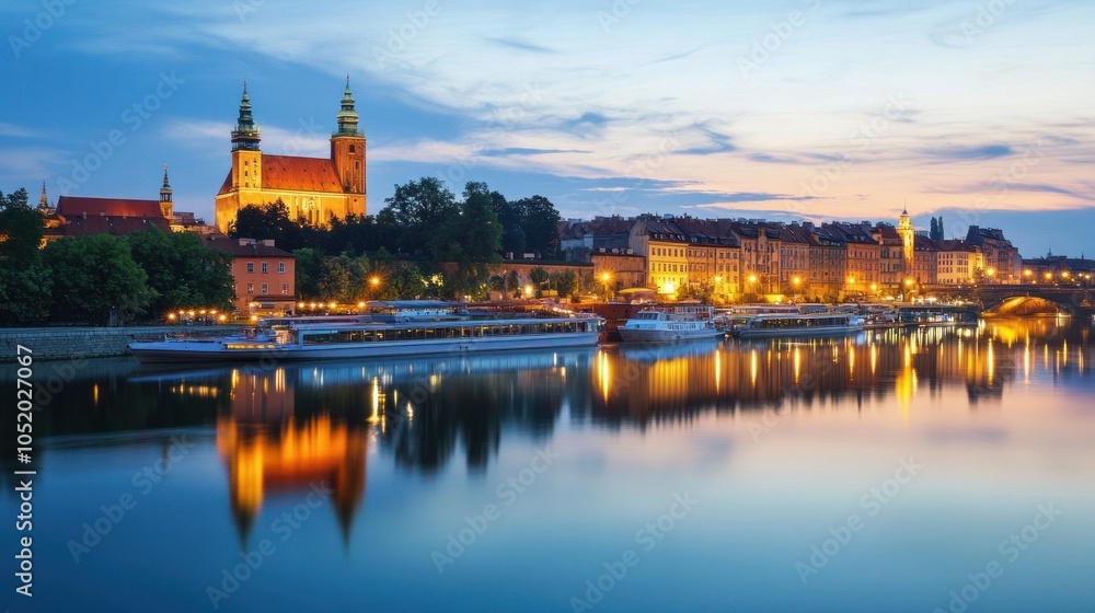 Fototapeta premium Poland's stunning nighttime cityscape of Warsaw, featuring the Palace of Culture. 