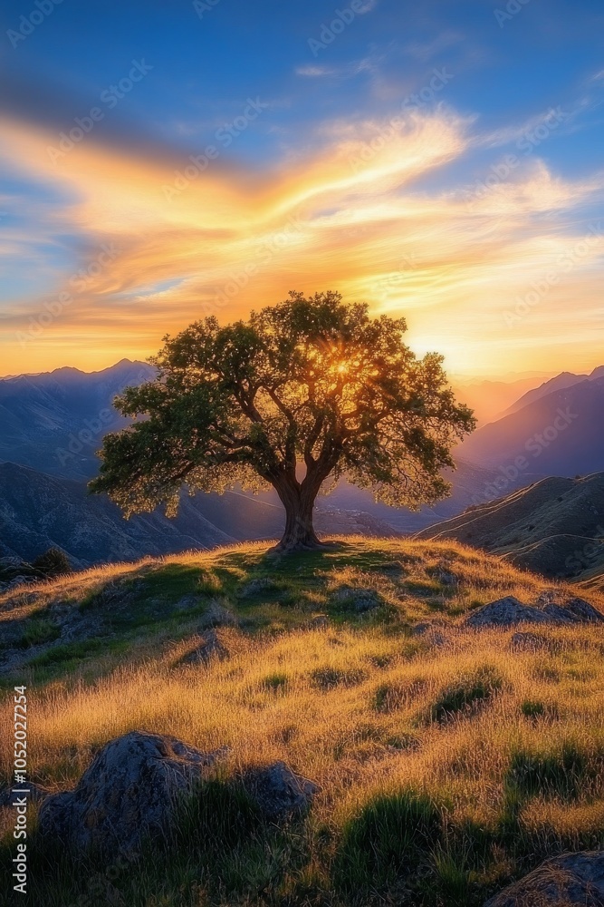 Majestic lone tree on a hill during sunset with colorful sky over mountains Majestic lone tree on a hill during sunset with colorful sky over mountains