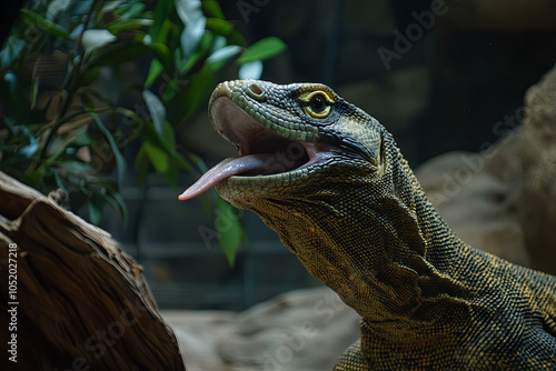 Komodo dragon flicking its tongue to sense its surroundings photo