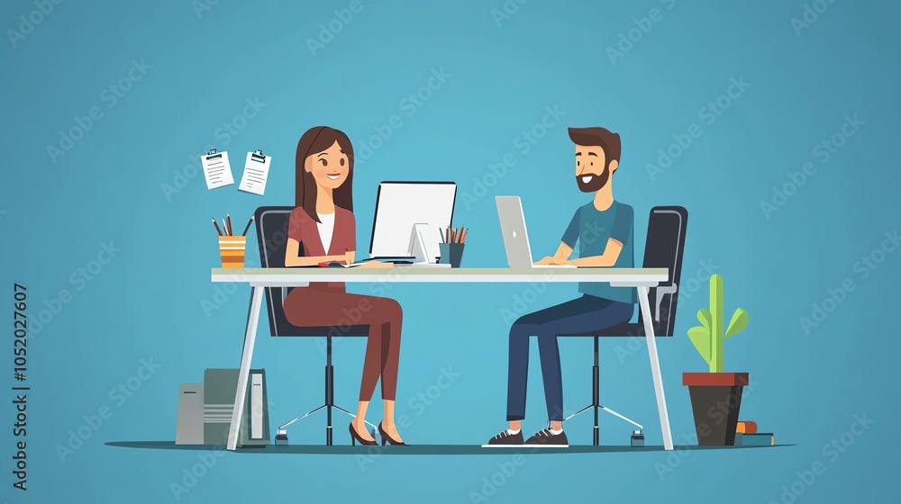 Two professionals collaborating at an office desk, modern workspace with plants and technology. Two professionals collaborating at an office desk, modern workspace with plants and technology.
