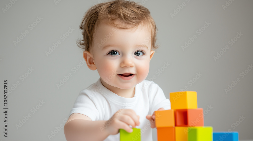 A baby is playing with blocks, smiling and looking at the camera A baby is playing with blocks, smiling and looking at the camera
