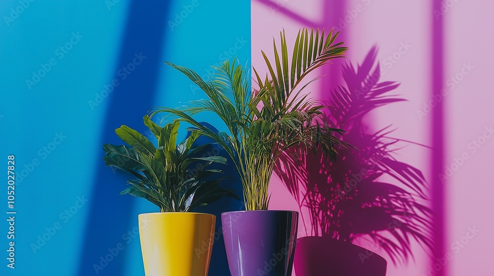 Two houseplants in yellow and purple pots on a blue and light purple background