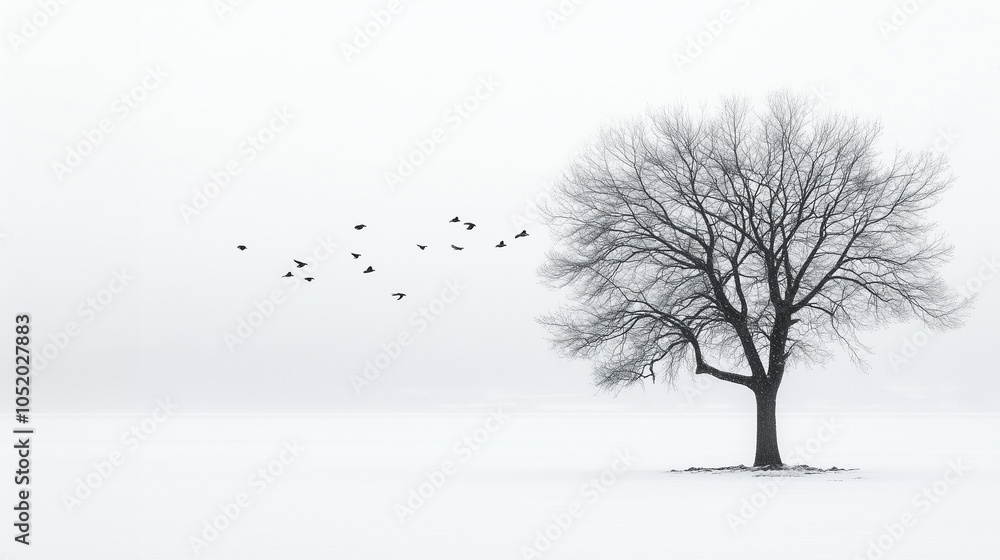 tree in a snowy landscape with a flock of birds in a minimalistic style
