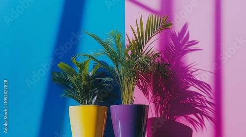 Obraz na płótnie Two houseplants in yellow and purple pots on a blue and light purple background w salonie