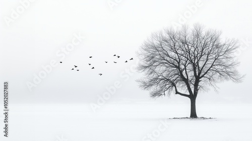 Obraz na płótnie tree in a snowy landscape with a flock of birds in a minimalistic style w salonie