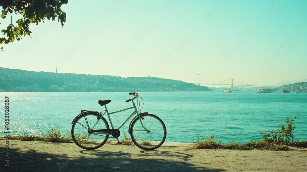 Fototapeta premium A bicycle with the Bosphorus, Buyukada, Istanbul, Adalar, Turkey, in the backdrop. Kodak film photography.