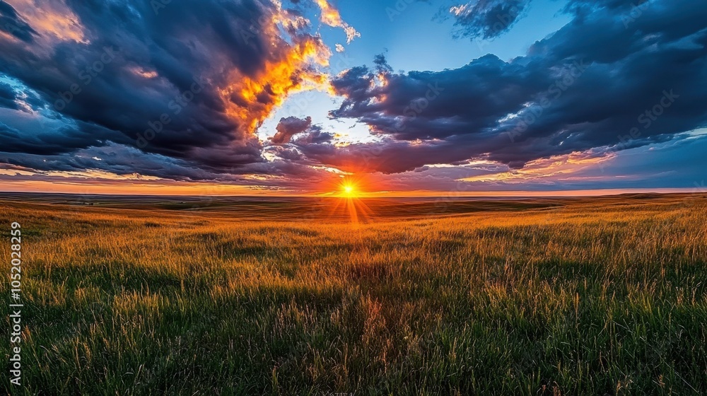 Obraz premium Dramatic Sunset Over Expansive Grassland With Clouds Nature Photography