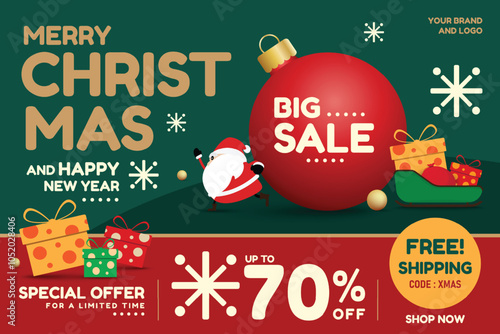 Christmas sale promotional design with Santa Claus, mobile phone, and gift boxes. Perfect for holiday sales banners, ads and festive promotions with free shipping offers. vector design