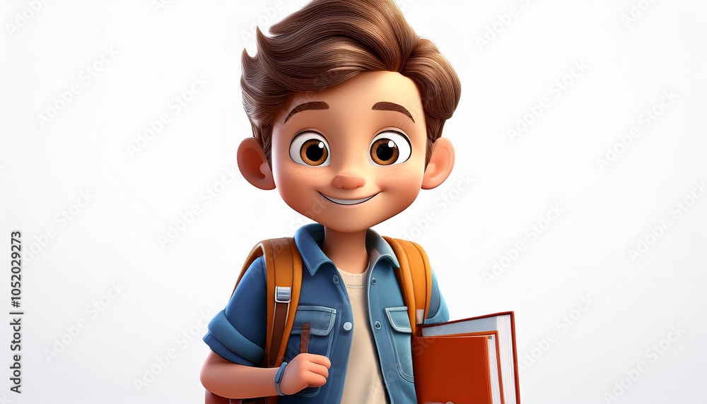 Young boy with school bag, stylized cartoon character, school kid 3d rendering Young boy with school bag, stylized cartoon character, school kid 3d rendering