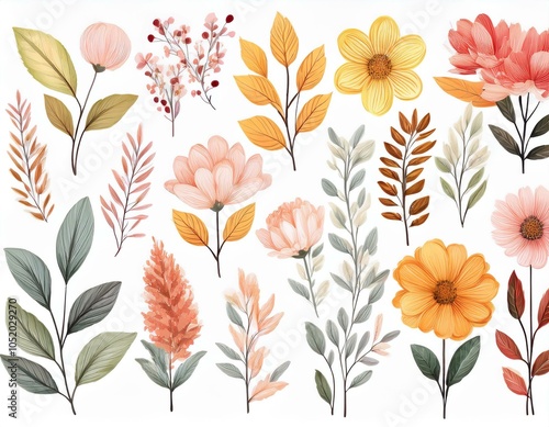 beautiful floral set with watercolor hand drawn gentle autumn fall flowers stock floral illustration nature clip art