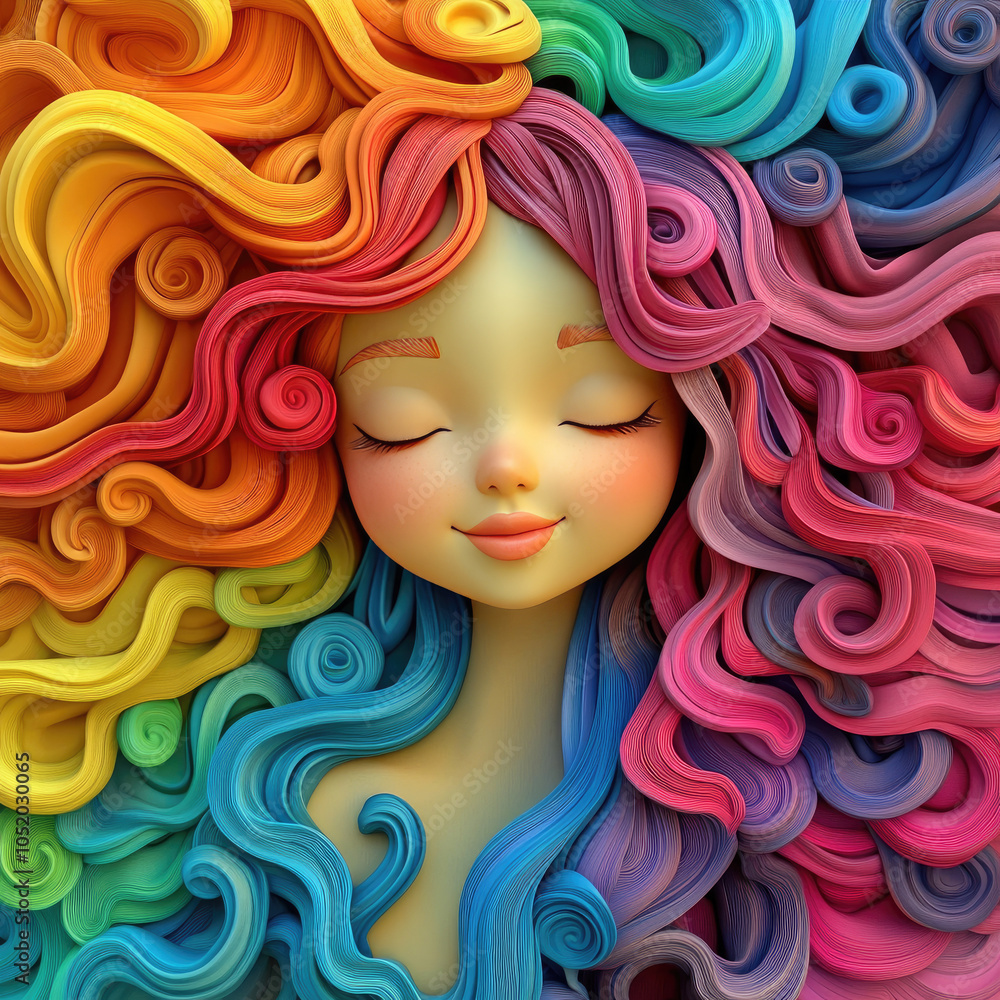3D bas-relief of a beautiful, happy girl with curly hair. Close-up portrait in rainbow colors. Decor of halls for romantic events, exhibitions, presentation interiors for advertising products for wome 3D bas-relief of a beautiful, happy girl with curly hair. Close-up portrait in rainbow colors. Decor of halls for romantic events, exhibitions, presentation interiors for advertising products for wome