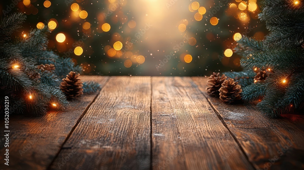 christmas card design featuring a rustic wooden tabletop with blurred christmas trees adorned with sparkling lights, providing a warm and inviting holiday atmosphere christmas card design featuring a rustic wooden tabletop with blurred christmas trees adorned with sparkling lights, providing a warm and inviting holiday atmosphere