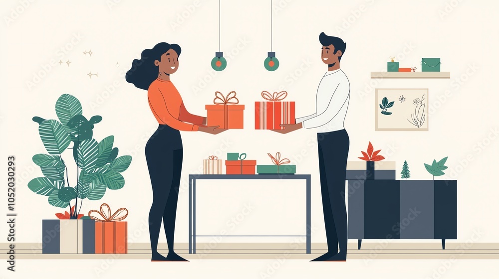 A couple exchanging gifts in a cozy living room, adorned with plants and festive decorations. A couple exchanging gifts in a cozy living room, adorned with plants and festive decorations.